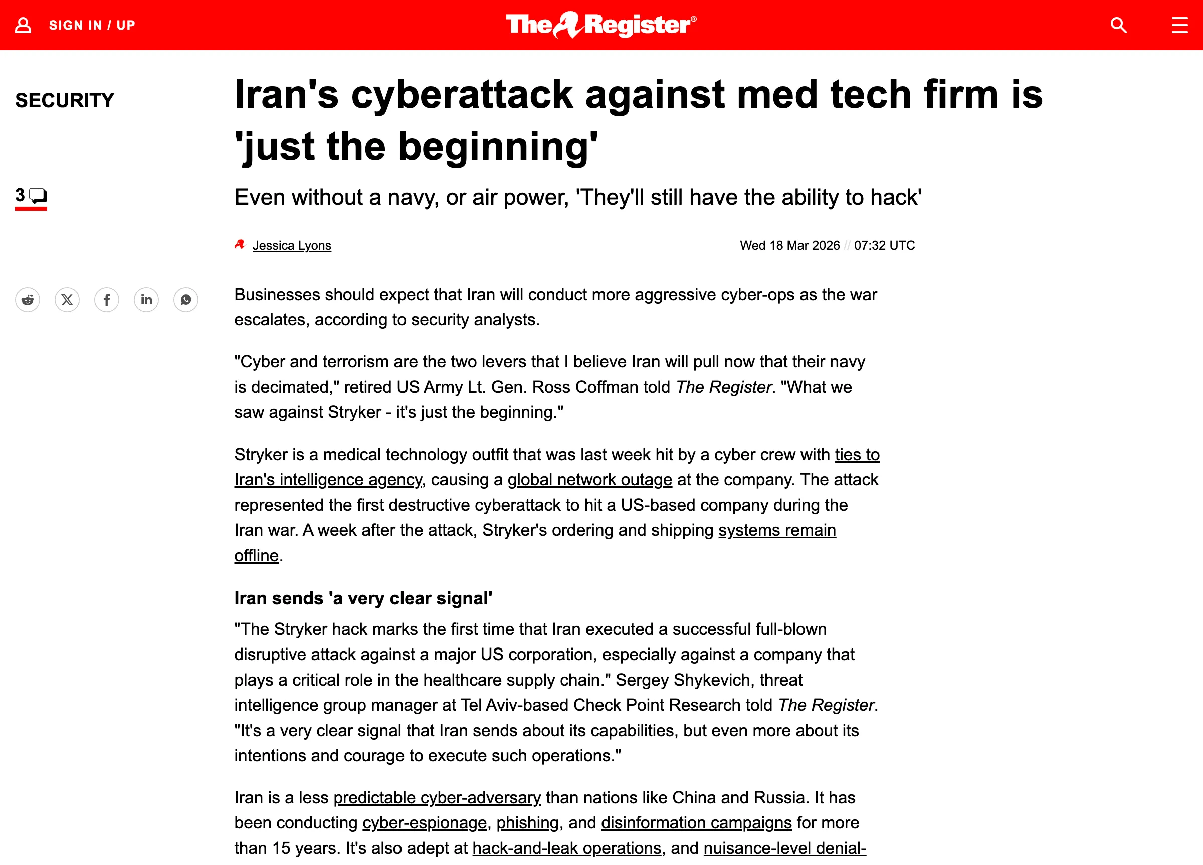 이란 해킹 조직, 미국 의료기기 기업 스트라이커 전 세계 네트워크 마비시켜