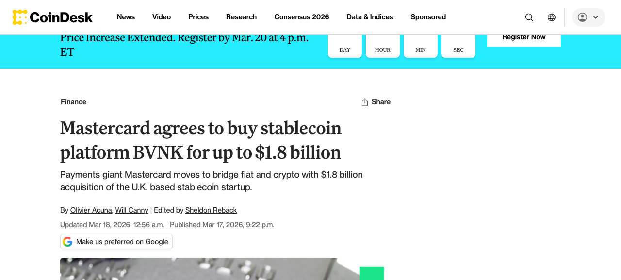 마스터카드, 스테이블코인 스타트업 BVNK 18억 달러에 인수