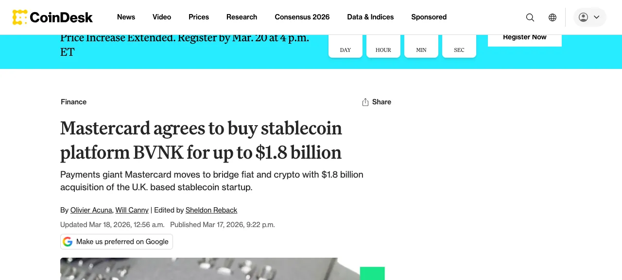 마스터카드, 스테이블코인 스타트업 BVNK 18억 달러에 인수